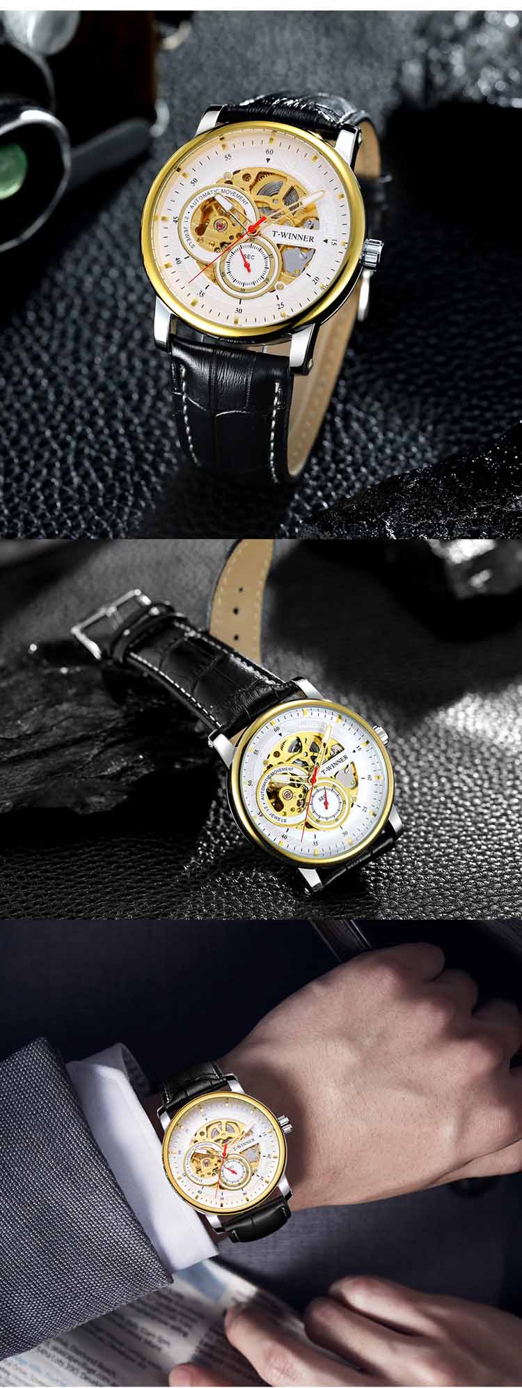 Часы наручные WINNER Мужские механические, модные светящиеся прозрачные деловые, с кожаным ремешком, в китайском стиле, 8196