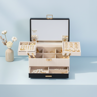 Boîte de rangement miroir rectangulaire en cuir PU, style européen-américain, grande capacité, multi-niveaux, boîte à bijoux haut de gamme avec tiroir Kiss