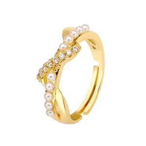 FOXI jewelry Wholesale 18K gold plated Flash Zircon Pearl Finger Ring Luxury wedding Ring for women