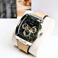 Montre analogique à quartz multifonction carrée, cristal, bracelet en cuir 43 mm, boîtier en acier inoxydable, affichage de la date et du jour, chronographe