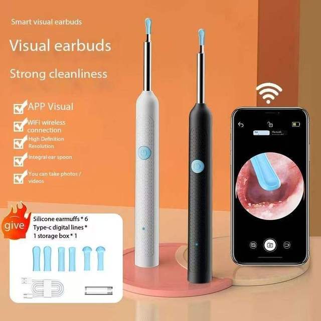 Visual Ear Cleaner With HD Camera App Control Wireless Otoscope Ear Wax Removal Tool Black White Color