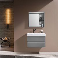 Meuble-lavabo mural gris en alliage d'aluminium avec vasque en pierre frittée et miroir LED pour hôtel