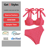 2026 Op maat gemaakte privémerk hoogwaardige sexy damesbikini 2-delige set gerimpelde kantstrings effen/geprint ontwerp anti-UV