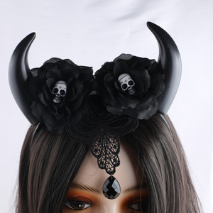 New Style Girl Halloween Costume Party Rose Flower Crown with Devil Horn Skull <b>Headband</b> - Product Image 2