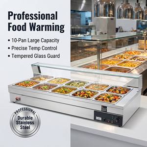 เครื่องอุ่นอาหารแบบ Bain Marie 10 ช่อง สำหรับร้านอาหาร - ตัวเครื่องสแตนเลสพร้อมฝาครอบกระจก - Product Image 1