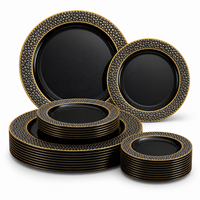 Assiettes de fête jetables en plastique noir PS en stock, bord doré martelé - 10,25 et 7,5 pouces, assiettes à dessert et à apéritif pour fêtes, mariages