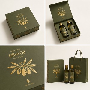 Boîte cadeau personnalisée pour huile d'olive, double bouteille, boîte rigide <span class=keywords><strong>vert</strong></span> olive avec branche d'olivier dorée en feuille d'aluminium, emballage haut de gamme pour huile d'olive - Product Image 2