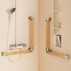 Barras de apoyo de madera maciza de 90 cm y 135 cm con marco de aluminio, barandilla de seguridad antideslizante para baño, para personas mayores, estilo moderno y sencillo - Product Image 1