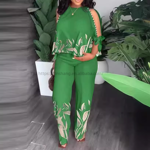 Women's Round Neck Raglan Sleeve <b>Beaded</b> <b>Top</b> With Positioned Print Long Pants Plus Size 2-Piece Set Fashion - Product Image 4