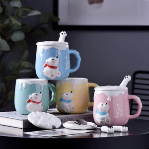 Creative cute cartoon Relief Bear Ceramic Mug Mug net red mug couple with spoon cover large capacity gift cup