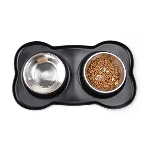 Hot Sale Pet Feeder with Food Grade Silicone Pad Stainless Steel Double Feeding Bowls Portable Dog Cat Nonslip Mat