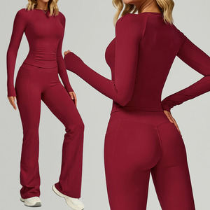 Ensemble de yoga 2 pièces pour <span class=keywords><strong>femme</strong></span>, en nylon/spandex, séchage rapide, sans couture, respirant, manches longues, écologique, effet push-up, pantalon de <span class=keywords><strong>sport</strong></span> à pattes d'éléphant - Product Image 1