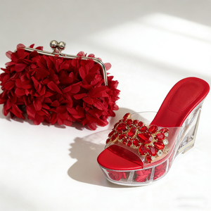 Nouvelle Collection 2026 : Ensemble de Luxe – Pochette Florale 3D et Sandales Compensées Ornées de Strass – Idéal pour Mariage, Bal de Promo et Soirées - Product Image 1