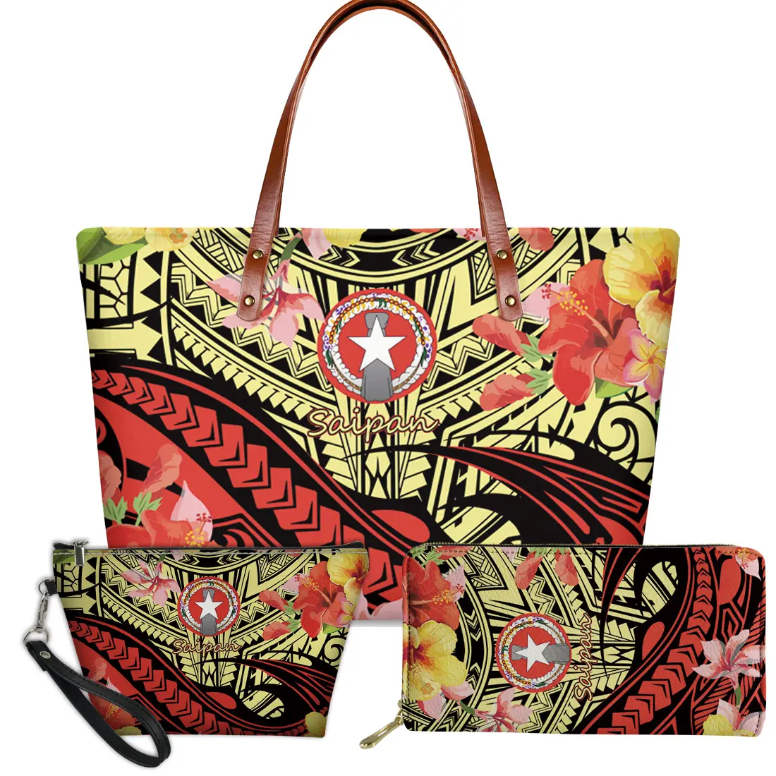Women Purses and Handbags 2021 Fashionable Saipan Hawaiian Floral Tattoo Custom Printed Handle Tote Bag and Wallet Cosmetic Case
