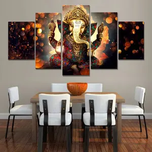 Großhandel Custom Leinwand Kunstdrucke indische Gott Nase Elefanten kunstwerk 5 Panels Wand Kunst Bild Ölgemälde Leinwand Malerei