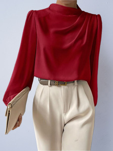Blus Wanita Satin Kerah Cowl Lengan Panjang Elegan Model Draped Mock Neck Pullover untuk Kerja Kantor Kasual Bisnis 2026 - Product Image 2