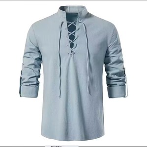 Nouvelle chemise Henley en coton et lin tricoté pour <span class=keywords><strong>homme</strong></span>, taille européenne, manches longues, style hippie décontracté, col montant, idéale pour la plage – Vente chaude du printemps - Product Image 6