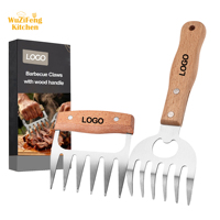 Outil de barbecue avec manche en bois, en acier inoxydable, pour déchiqueter le poulet, les pattes de porc, les griffes de barbecue, ensemble de griffes à viande avec ouvre-bouteille