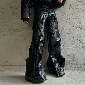 2025 पुरुषों की ट्रेंडी काले चमड़े की पैंट उच्च फैशन विंटेज शैली और आकार चौड़ा पैर ढीले फिट स्टाइलिश आकस्मिक - Product Image 2