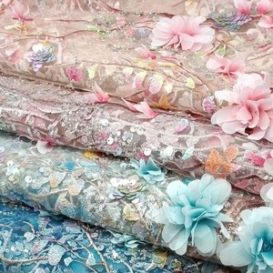 Erkoumiroyal 3d dentelle tissu fleur luxe perlé bleu dentelle tissu garnitures broderie maille pour robes de mariée vêtements - Product Image 2