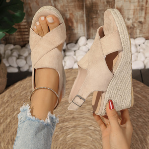 Women Summer European and American Style Hemp Rope Bottom Cross Strap Wedge Sandals Thick Sole Platform Hollow Roman Sandals - Product Image 6