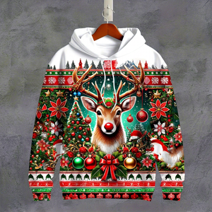 <b>Christmas</b> Deer Print Hooded <b>Sweatshirt</b> Men's Casual Winter Pullover Regular Fit Knitted Polyester Full Color Design - Product Image 1