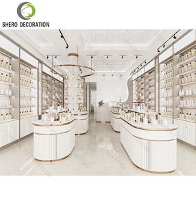 Muebles de Tienda de Cosméticos de Lujo, Exhibidor de Productos para el Cuidado de la Piel con Decoración y Diseño de Gabinete de Pared con LED Dorado - Product Image 1