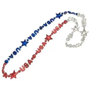 2024 Mardi Gras Beads Custom 4th Of July Celebrate USA Metallic Red Blue Silver Collar de cuentas de 3 secciones