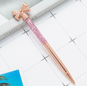Stylo bille en métal rose doré avec nœud papillon et paillettes, corps noir, stylo fantaisie promotionnel mignon - Product Image 2