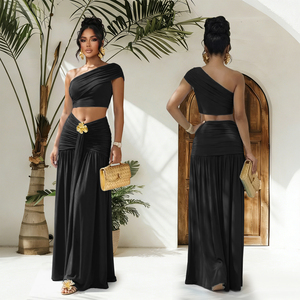 Conjunto de Verão 2026: Top Cropped de Um Ombro e Saia Maxi Franzida para Mulheres - Product Image 3