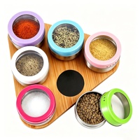 Ensemble de boîtes à épices magnétiques avec support en bambou, 6 pièces, colorées, durables, de qualité alimentaire, étanches, en acier inoxydable, avec couvercles transparents