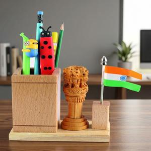 Wooden Desk Organizer Pen Holder with Mini Flag <b>Office</b> <b>Gift</b> Set Custom Corporate Giveaway - Product Image 2