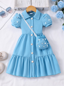 Abiti Estivi Rosa per Bambine, Nuova Moda con Maniche Corte e Design con Bottoni Luminosi, Set di <span class=keywords><strong>Abbigliamento</strong></span> per Bambine in Due Pezzi con Borsa - Product Image 2