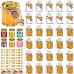 Tarros de miel, hexagonales de vidrio de 3 oz con cucharas dosificadoras |   Frascos Pequeños de Miel para Recuerdos, Regalos para Baby Shower y Bodas - Product Image 1