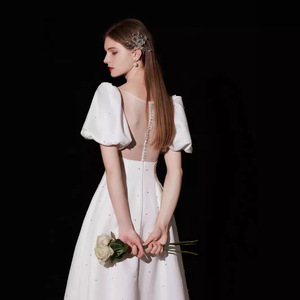 French Style Wedding Dress A-Line Square Neck Beaded Chiffon White Long Dress For Bride Engagement - Product Image 3