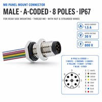 Conector de Montaje en Panel M8, Macho, 8 Polos, Codificación A, IP67, para Montaje Lateral Trasero, Rosca M8, con Tuerca y Cables Trenzados, Longitud