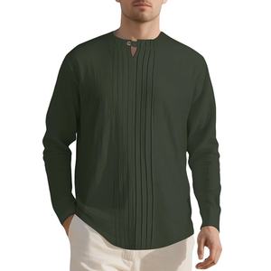 Customized Men's Linen Casual <b>Long</b> <b>Sleeve</b> Pleated Front <b>T</b>-<b>Shirt</b> <b>Button</b> Henley Collared Loose Pullover <b>T</b>-<b>shirt</b> - Product Image 6
