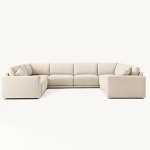 Assento para conversas da sala de estar, sofás de madeira em forma de U, conjunto de sofás brancos, móveis