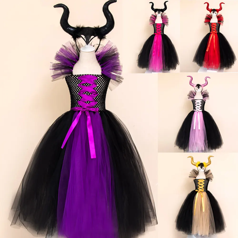 Di alta qualità Costume malefica strega malvagia Cosplay vestito di Halloween Fantasia ragazza del partito Fantasia vestito con corno