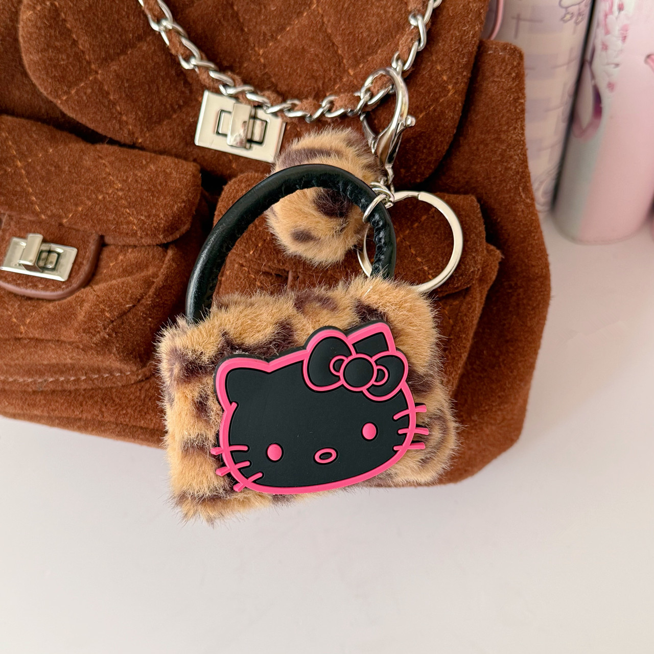 Porte-clés de sac en cuir noir rose rouge kt motif léopard