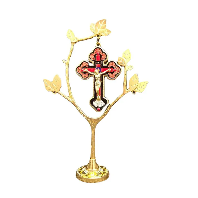 KOMI Home Decorations Metal Leaf Cross Ornaments Household Desk Decor Gold Cross Tree Craft Gift for Souvenirs Baptism Birthday