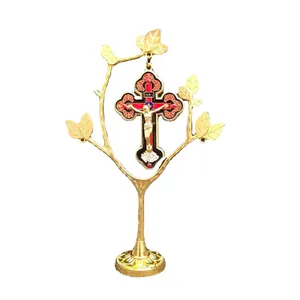 2024 KOMI Home Decorations Metal Leaf Cross Ornaments Household Desk Decor Gold Cross Tree Craft Gift for Souvenirs Baptism Birthday