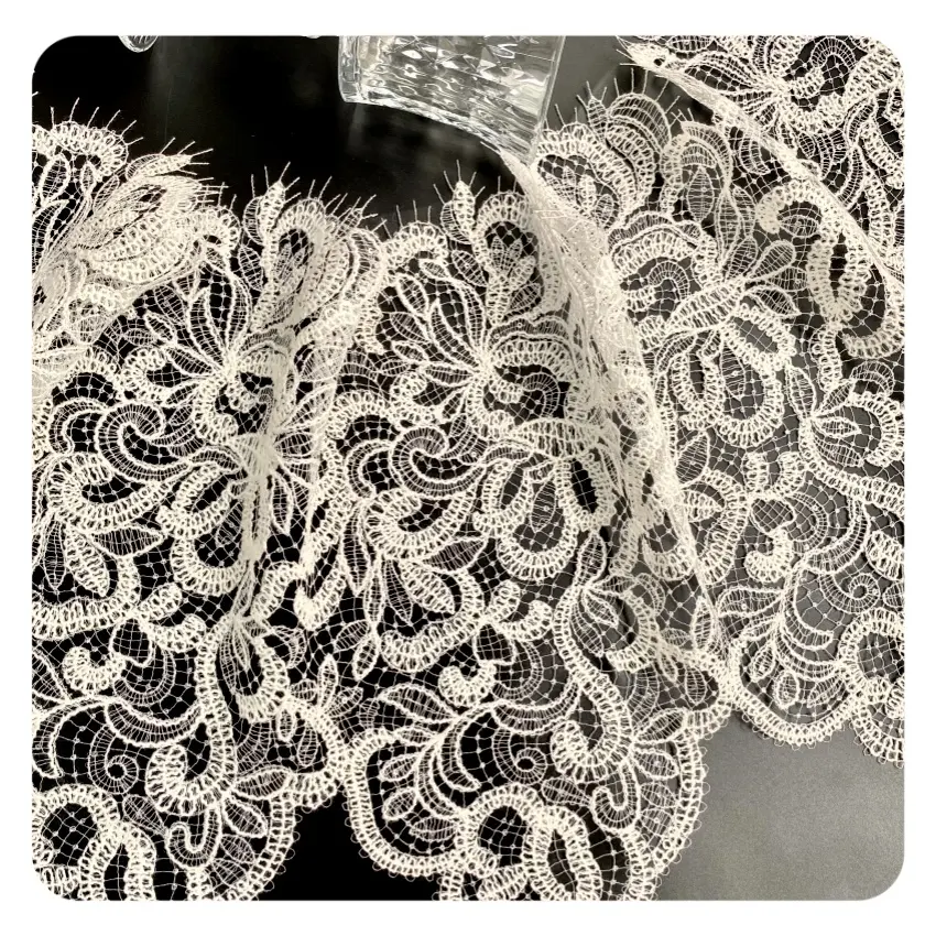 32cm Elegant Custom Thick Eyelash Metallic Yarn Shiny Bridal Lace Border Trim Lace Trim Embroidery Voile Lace Fabric