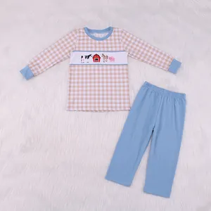 Rural Style Custom Pattern Embroidered Two-piece Plaid Print Suit For Baby Boys And Girls