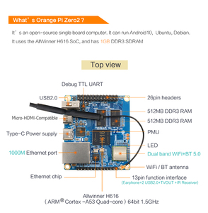 Carte de développement Orange Pi Zero 2 1GB RAM Allwinner H616 BT Récepteur Wifi IR Boîtier en aluminium Câble d'alimentation compatible HDM - Product Image 2