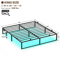 Lit Queen Size Moderne Style Ferme Durable Multifonctionnel Portable avec Station de Recharge et Lumières LED, Plateforme Métallique pour Hôtel