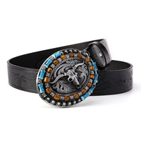 Cinturón de Cuero Repujado Estilo Vaquero Occidental para Hombre, Hebilla de Aleación con Cabeza de Toro, Cinturón de Jeans con Cuentas Turquesa, de Gran Venta