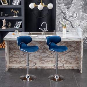 Ensemble de 2 tabourets de bar DB Masaccio en velours bleu, cadre métallique pivotant réglable, pour bar à domicile, style contemporain - Product Image 3