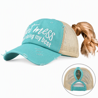 Casquette de baseball pour femme style trucker à queue de cheval effet vieilli, dos en maille, brodée, réglable, logo personnalisé, OEM, vente en gros, faible MOQ
