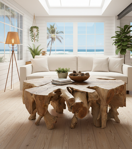 Mesa de centro de raíz de teca orgánica, hecha a mano con madera de teca maciza y tapa de vidrio, que ofrece durabilidad, valor artístico y elegancia. - Product Image 4